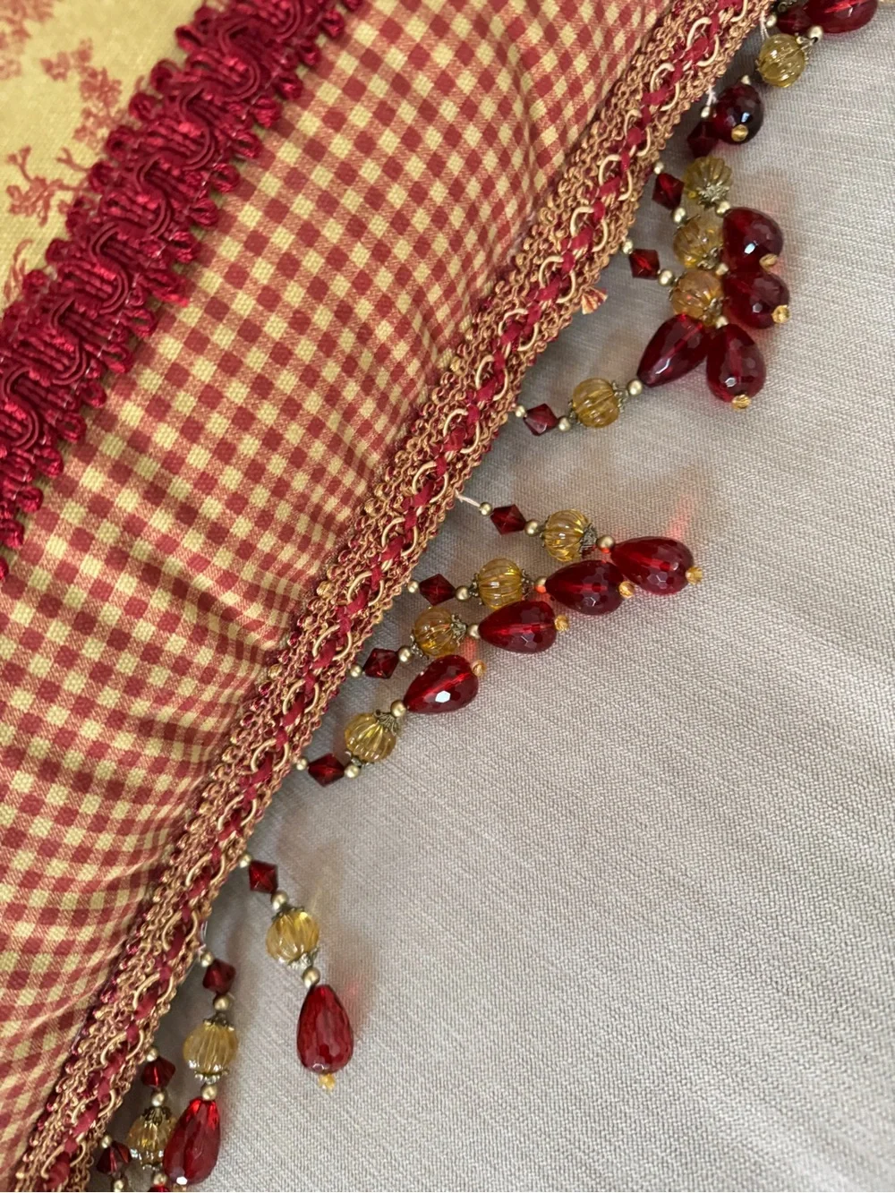 French Country Cottage Red Ivory English Toile Check Tassels Beaded Foam Pillow